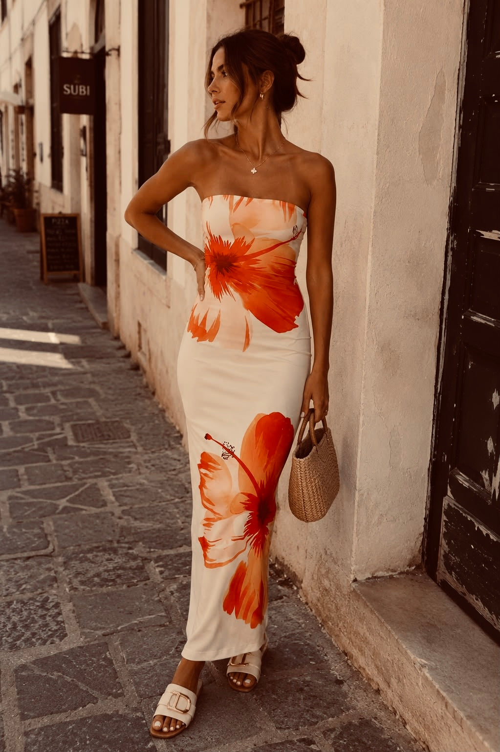 Vestido Maxi Bodycon Strapless Estampado Floral