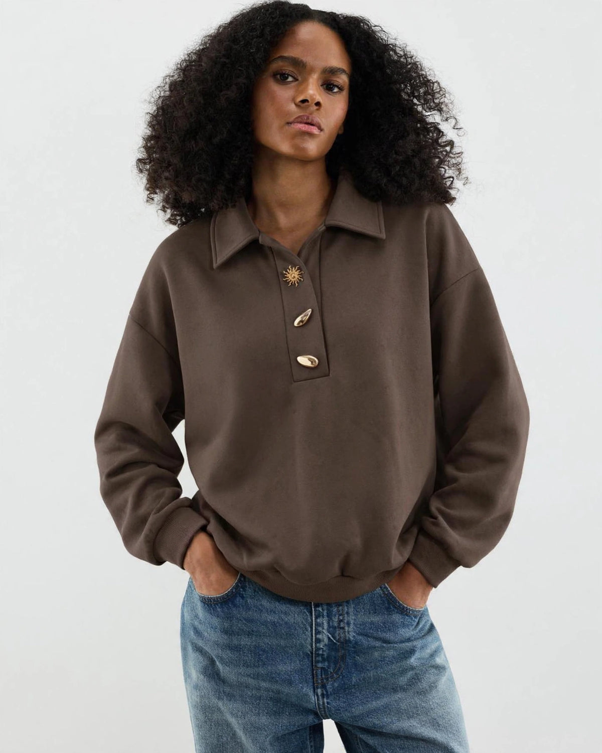 Sudadera Polo Oversize con Cuello y Botones