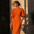 Vestido Midi Cuello Redondo Manga Farol