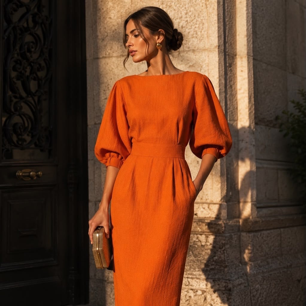 Vestido Midi Cuello Redondo Manga Farol