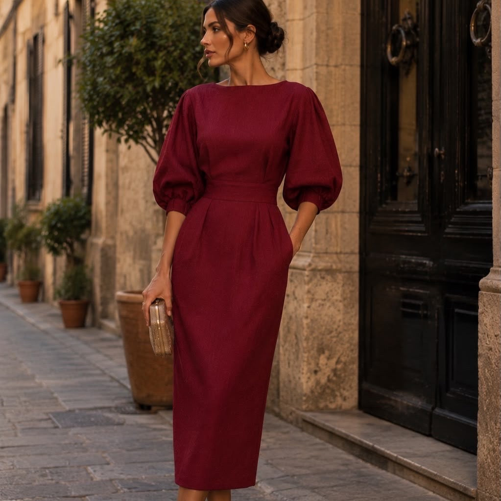 Vestido Midi Cuello Redondo Manga Farol
