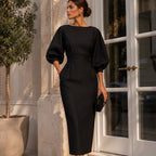 Vestido Midi Cuello Redondo Manga Farol